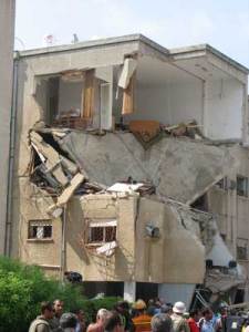 A building in Haifa hit by a rocket fired from Lebanon.