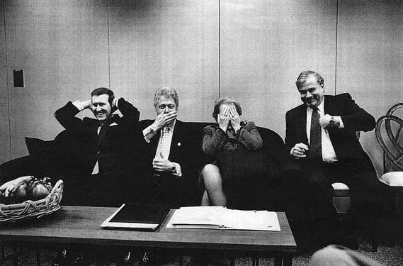Why are they laughing? Well, they have just been told that the Jewish people are the correct and only cartakers of Israel. From Left William Cohen, Bill Clinton, Madelanine Albright and Sandy Berger .
