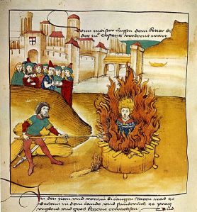 A painting which illustrates the burning of the martyr Jan Hus.