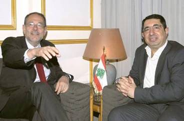 Javier Solana with Hizbollah lawmaker Hussein Hajj Hassan at the parliament in Beirut, Lebanon.