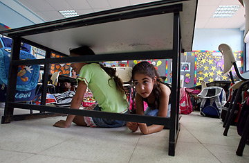 No time for school children to run for a bomb shelter in the city of Sderot. 