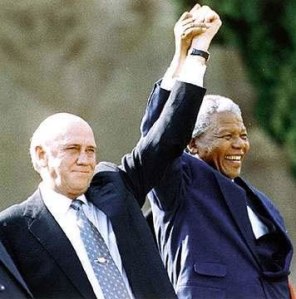 Nelson Mandela and FW de Klerk Celebrate the End of South African Apartheid_jpg