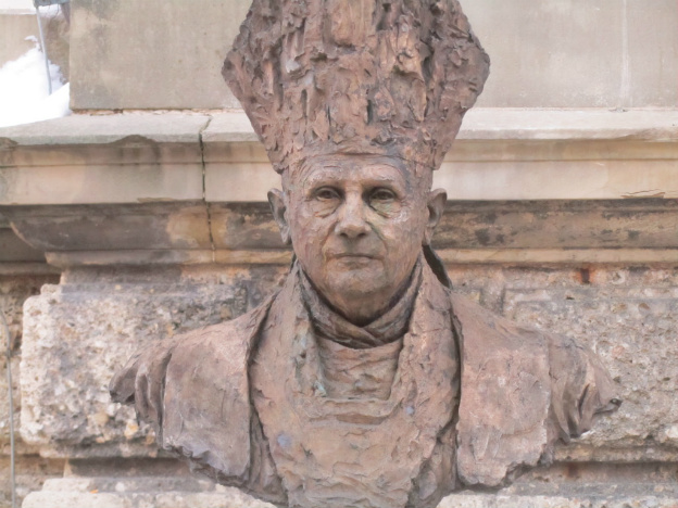 Byst of former Pope Benedict in Traunstein in Germany. 
