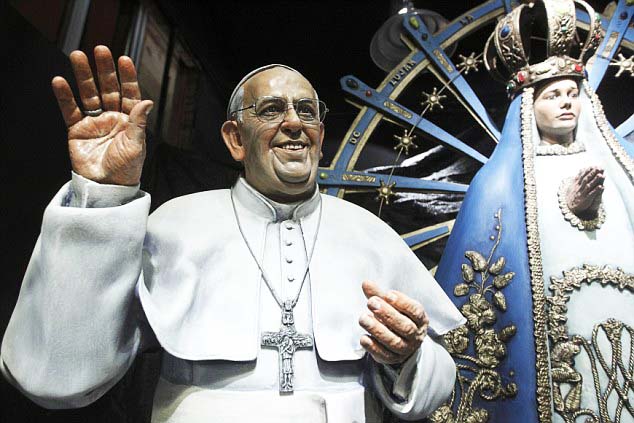 A figure depicting Pope Francis, made by sculptor Fernando Pugliese, is seen in Buenos Aire