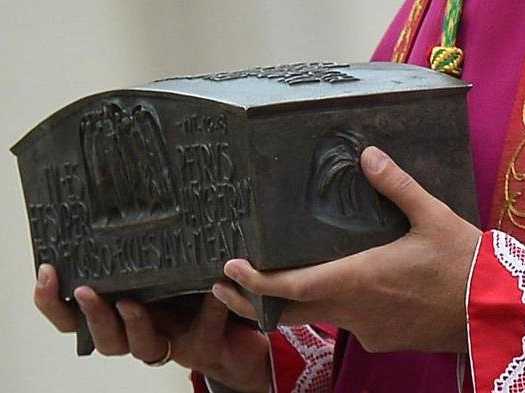 The box with the "holy bones and ashes" of a claimed disciple of Jesus. 