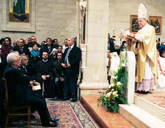 PLO-leader Mahmoud Abbas celebrating mass held by the Latin Patriarch of Jerusalem.