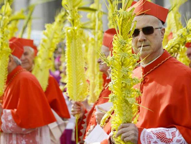 Cardinal Bretone can hinding behind palm leaves during Catholic Easter in 2013. 