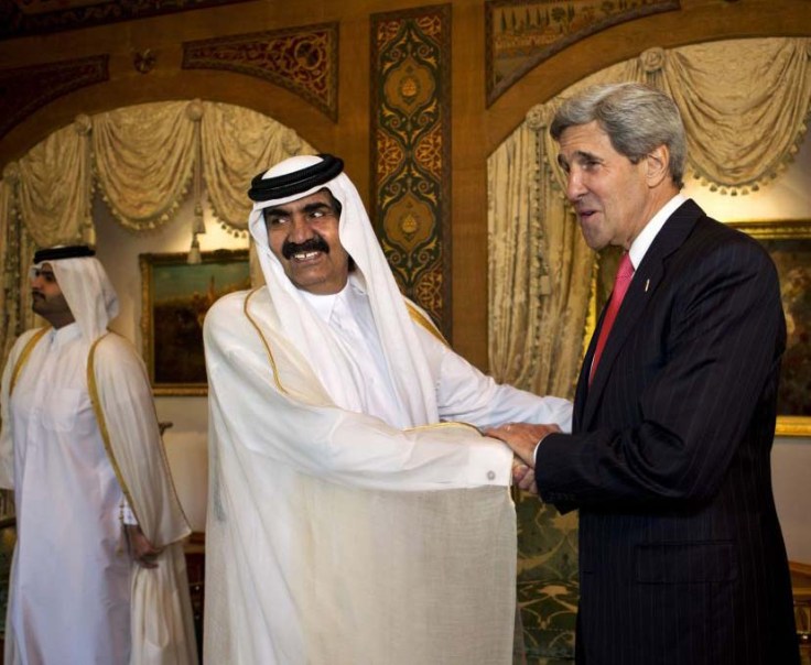 Amir, Sheikh Hamad bin Khalifa Al Thani at John Kerry and Al Wajbah Palace during the former’s visit to Qatar.