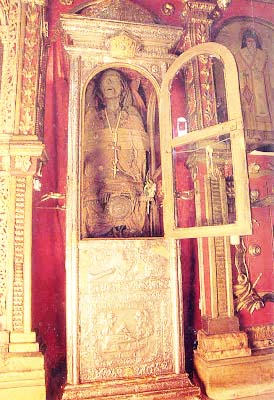 The standing coffin inside the monastery on the island of Kalectis in Greece.