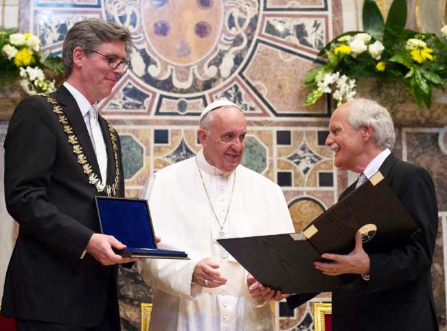 The Pope is awarded the Charlemagne prize, named after th seond Holy Roman emperor of Europe. 